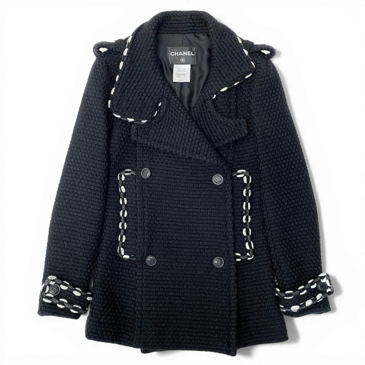 C CHANEL シャネル ビンテージ 1994A ツイードニットピーコート ココマーク P39397V28326 36サイズ ブラック ウール100％ レディース 女性用nu1