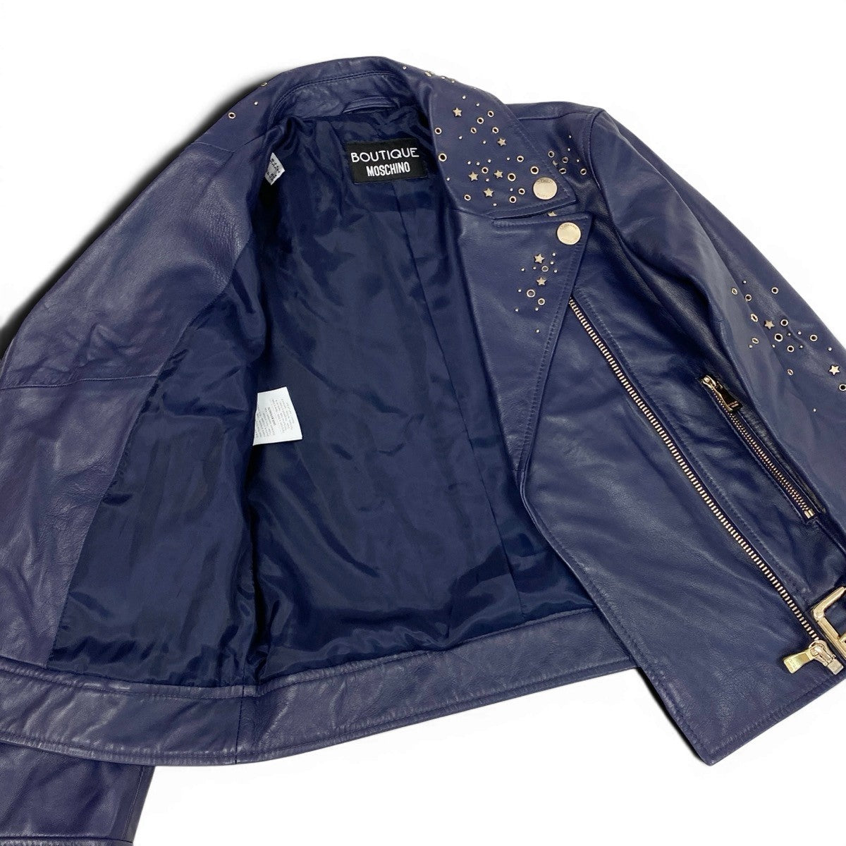 Ag16 BOUTIQUE MOSCHINO ブティック モスキーノ レザージャケット ダブルライダースジャケット 星 スタッズ サイズ38 ネイビー レディースu02t