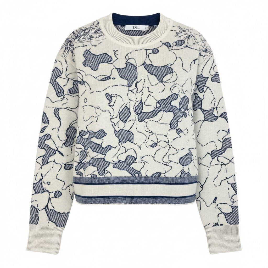 Ef6 Christian Dior クリスチャンディオール AROUND THE WORLD KNIT カシミヤ混 ニットセーター 刺繍 044S50AM007 サイズ40 ネイビー ホワイト レディースk02i