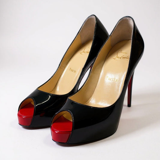 3a5 christianlouboutin クリスチャンルブタン オープントゥ パンプス サンダル エナメル シューズ 37サイズ ブラック レディースk02i