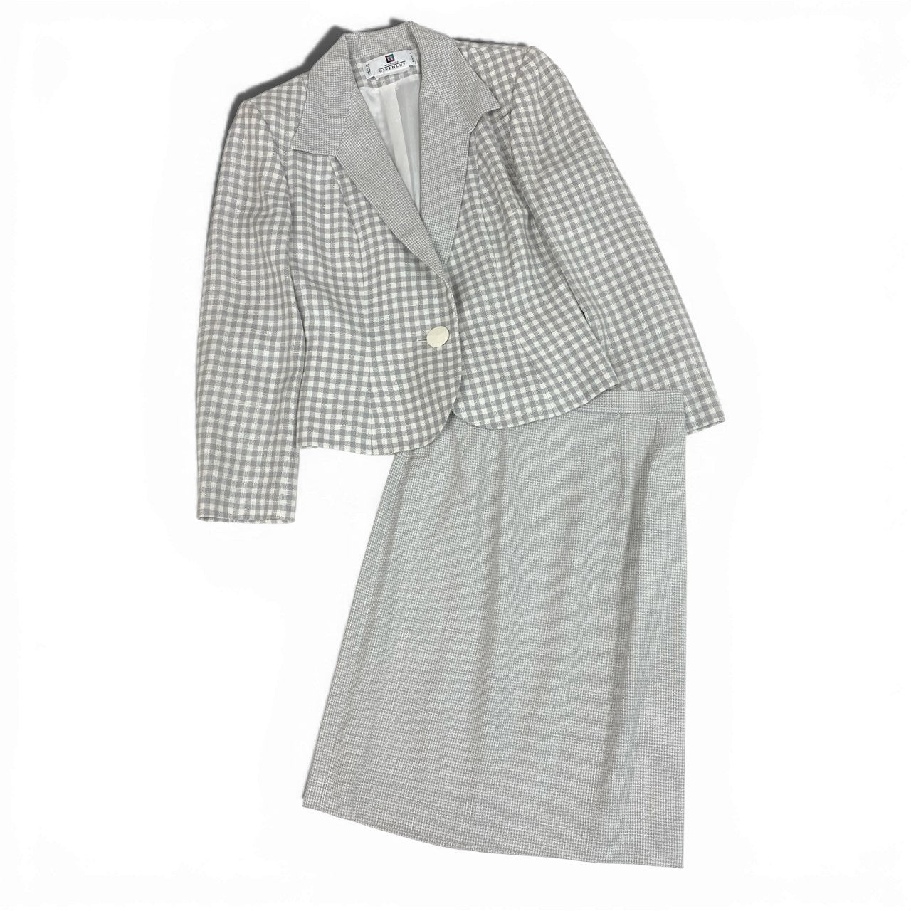 4b4 Vintage GIVENCHY ジバンシー フランス製 セットアップ スカートスーツ ランダムチェック 36 グレー系 レディースu02t