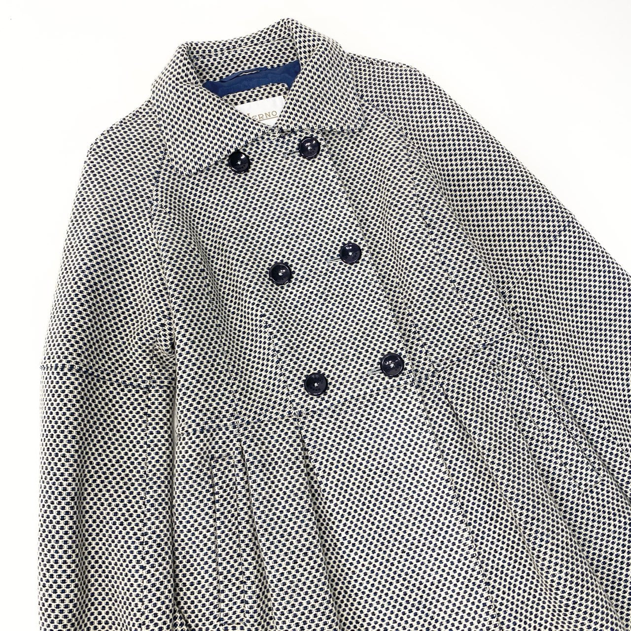 47b3【美品】HERNO ヘルノ ステンカラーコート ウールロングコート ウエスト切替 タック入り アイボリー ブルー ウール100％ レディース 女性用u02t