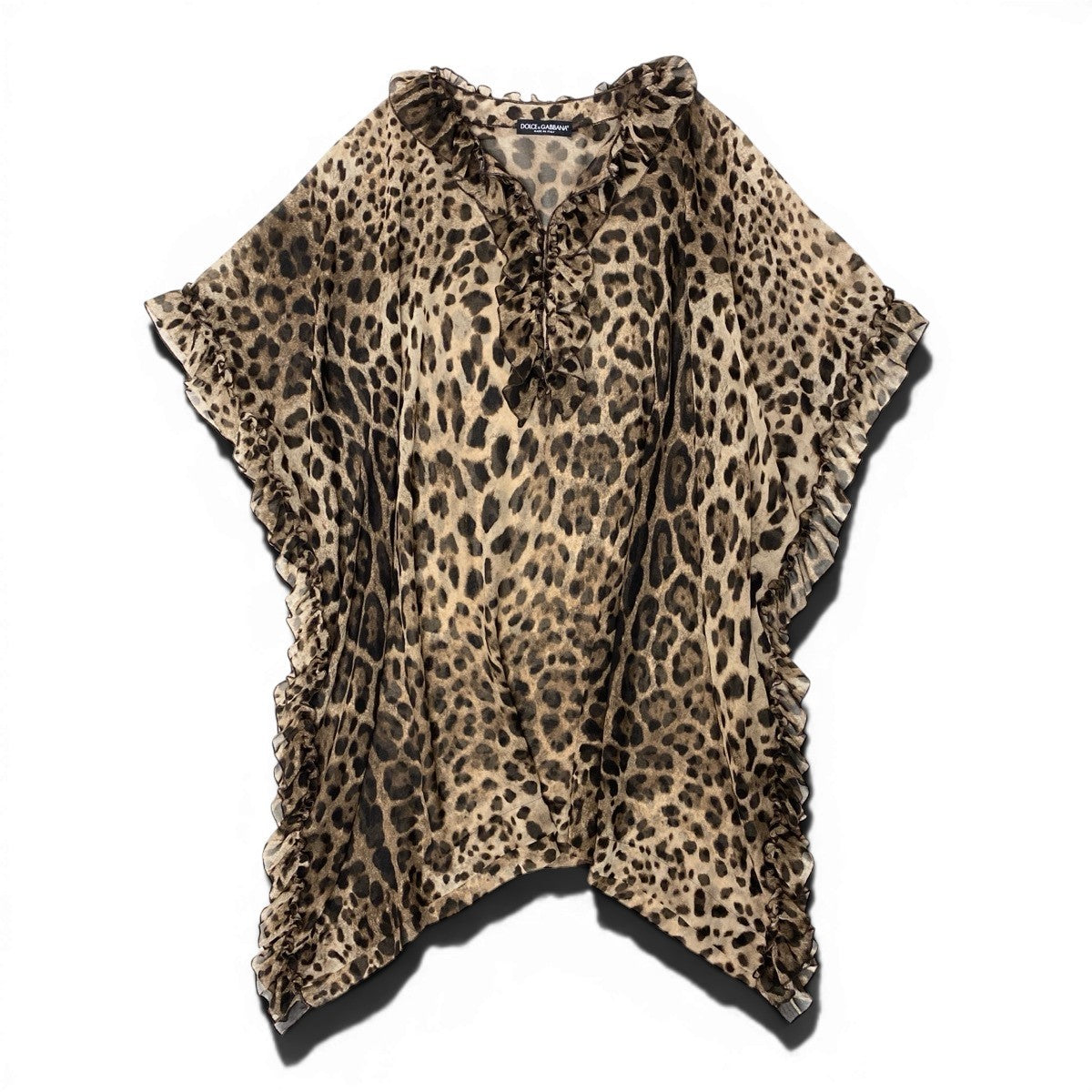 Ef25 DOLCE&GABBANA チュニックブラウス ポンチョ フリル ヒョウ柄 イタリア製 ベージュ ブラウン レディース 女性用u02t