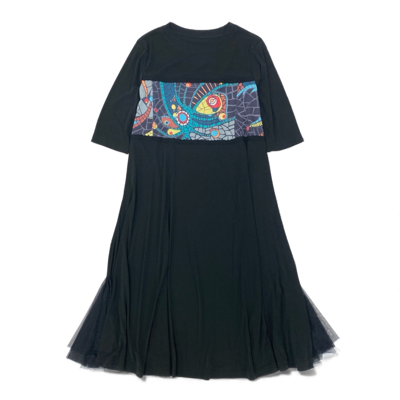 28k29《美品》 TOKUKO 1er VOL トクコプルミエヴォル 五分袖 ロングワンピース フレアワンピース 切替プリント 裾メッシュ レディース 女性用 9 ブラックu02t
