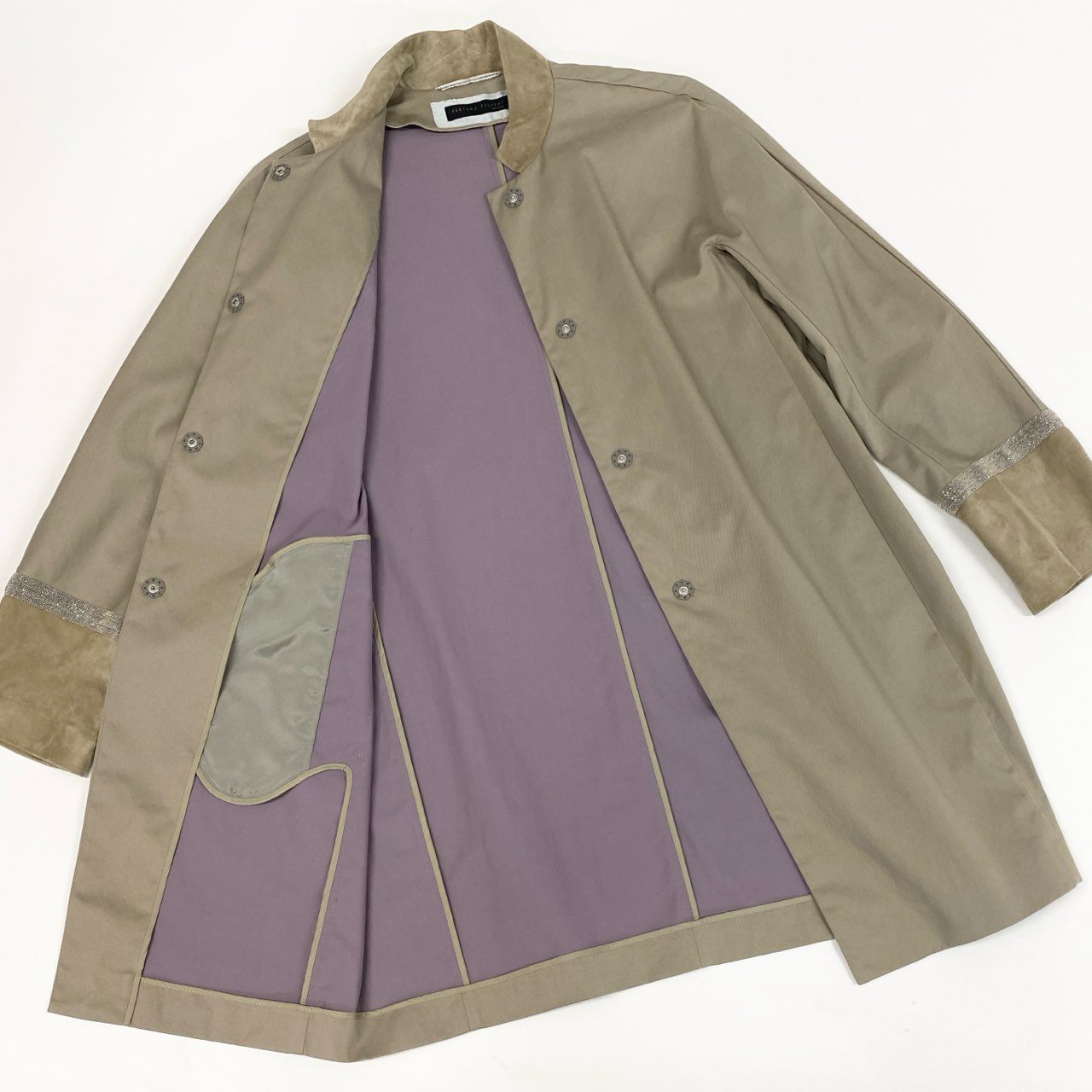 50b22 FABIANA FILIPPI ファビアナフィリッピ ステンカラーコート スプリングコート 薄手 ビーズ装飾 スエードレザー切替 レディース 女性服 XS ベージュu02t