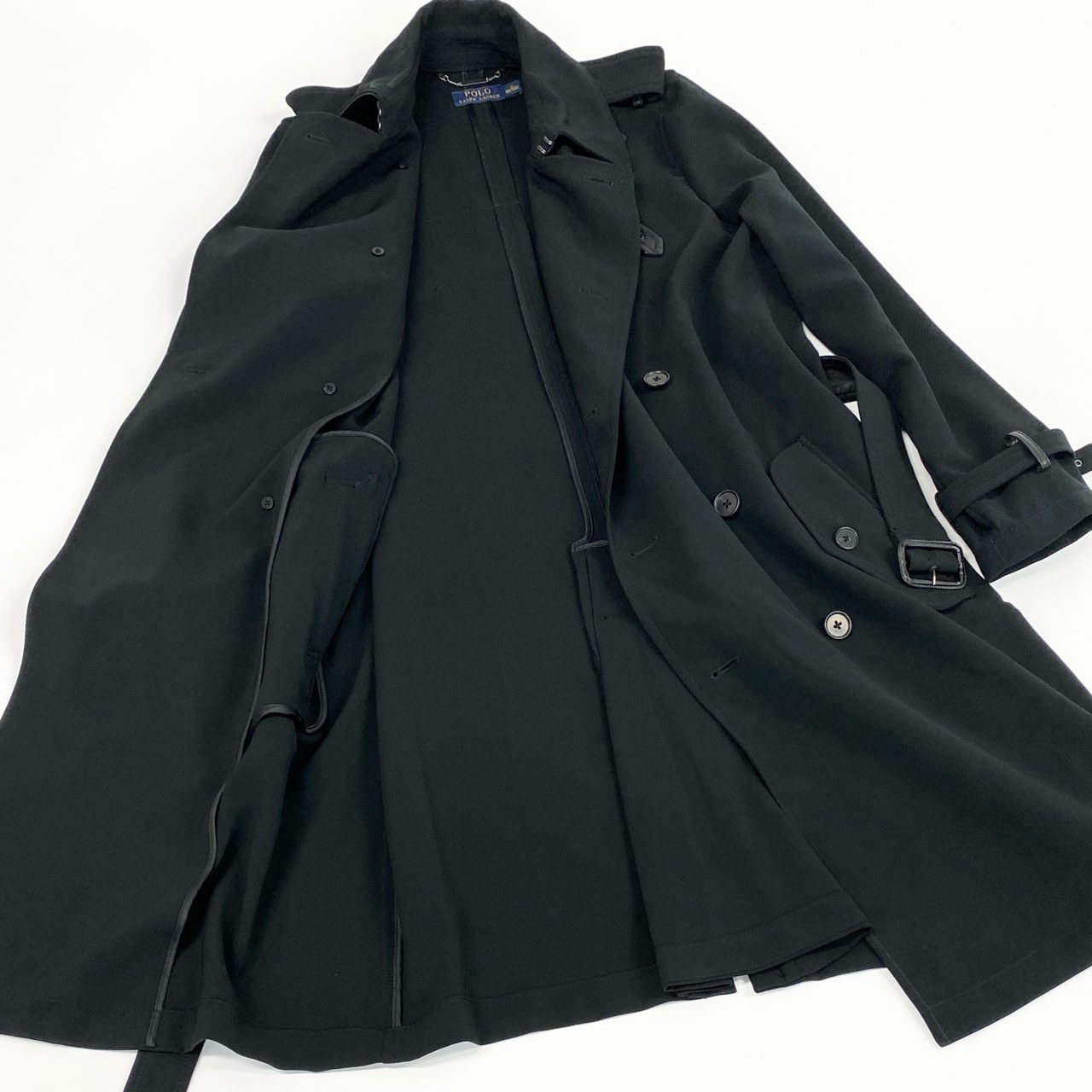 37d14 【美品】 POLO RALPH LAUREN ポロラルフローレン トレンチコート スプリングコート ロング レザーベルト  サイズ12 180/104A ブラック メンズ 紳士服u02t