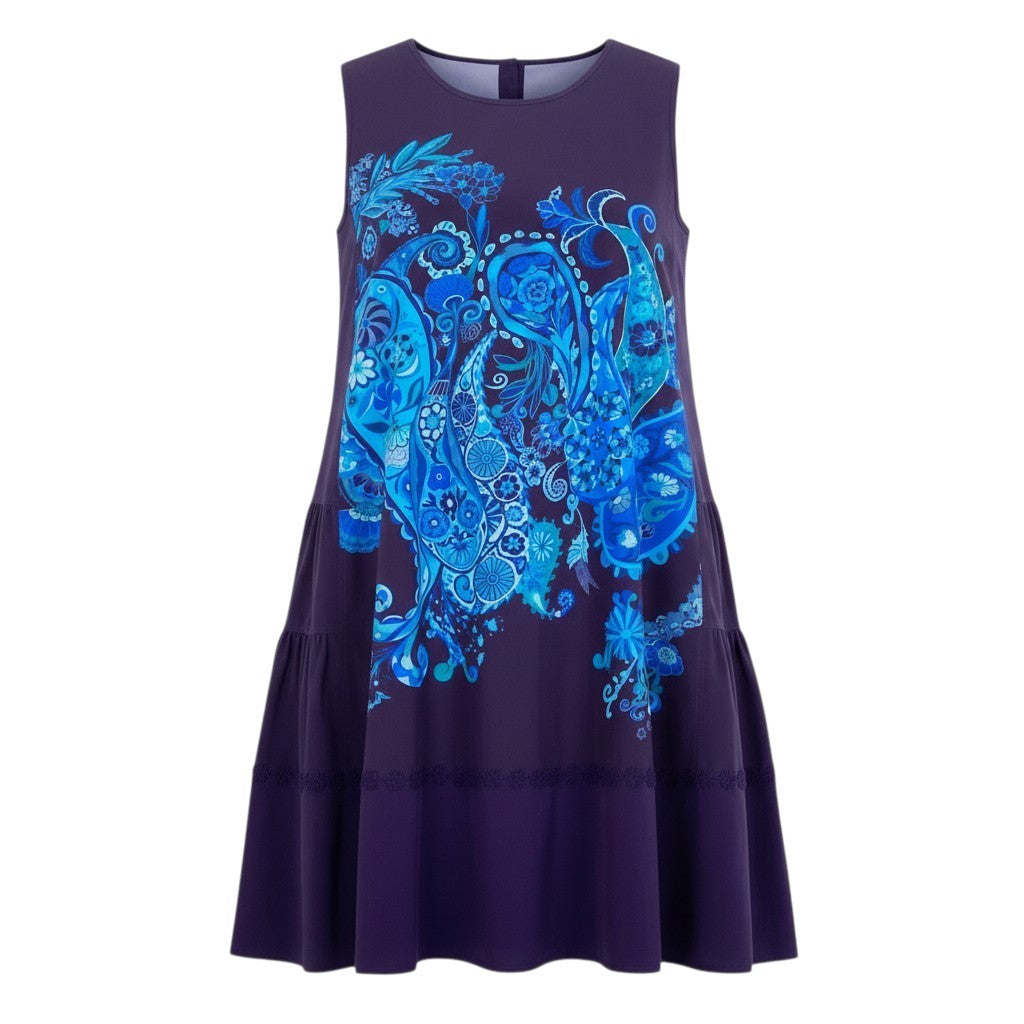 41c10 TOKUKO 1er VOL トクコプルミエヴォル ノースリーブワンピース Aライン 膝丈 花柄 ペイズリー柄 レディース 女性服 サイズ9 パープルu02t