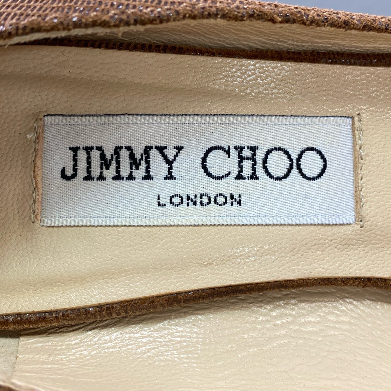 6j11 JIMMY CHOO ジミーチュウ メタルプレート レザーパンプス オープントゥ 35 1/2 ブラウン leather サンダル シューズ イタリア製