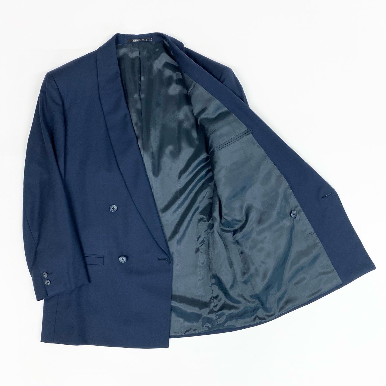 37a19 【美品】 GIANNI VERSACE ジャンニ ヴェルサーチ セットアップスーツ ダブルブレスト フォーマル テーラードジャケット タックパンツ イタリア製 メンズ 紳士服 サイズ50 ネイビー ウール100％u02t