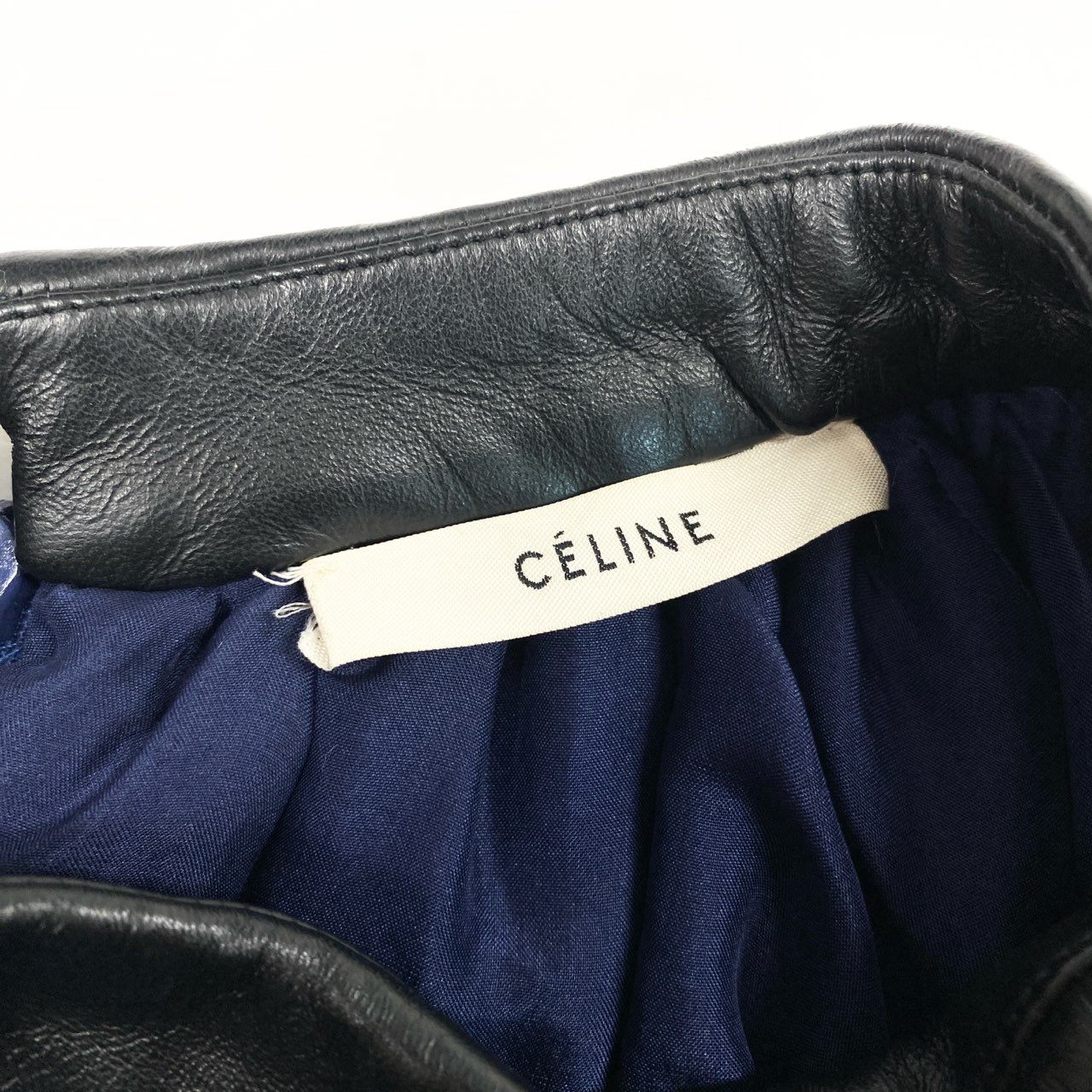 Eb10 CELINE セリーヌ フィービー期 レザーネック シルクワンピース ロングワンピース 長袖 36 ブルー シルク レディースk02i