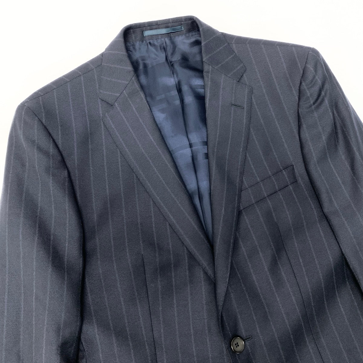 32e13 【美品】HUGO BOSS ヒューゴボス スーツセットアップ テーラードジャケット スラックス ストライプ REDA生地 46サイズ ネイビー ウール100％ メンズ 男性用u02t