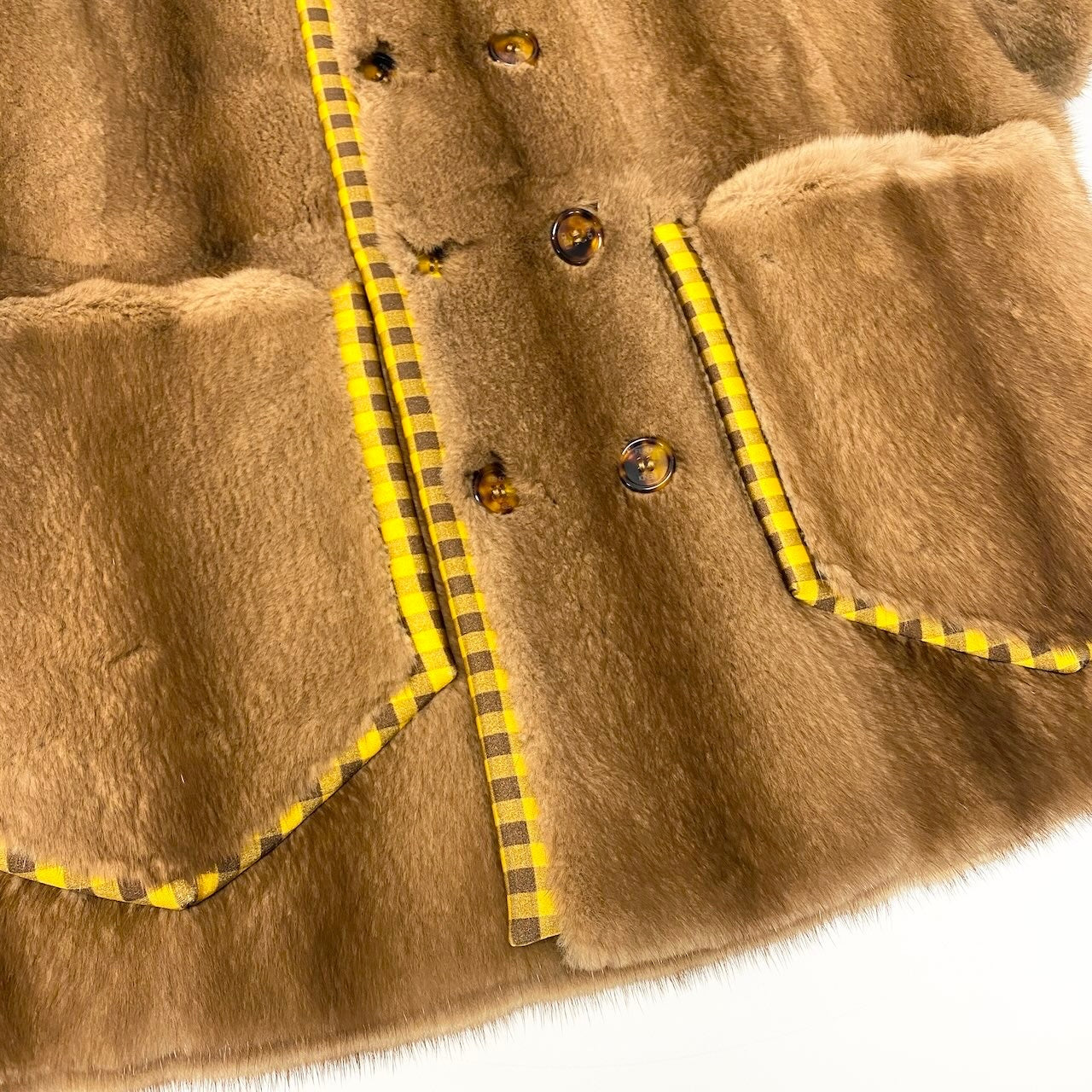 E FENDI フェンディ パステルミンクファー リバーシブル ファーコート ジャケット チェック 36 ブラウン イエローnu1