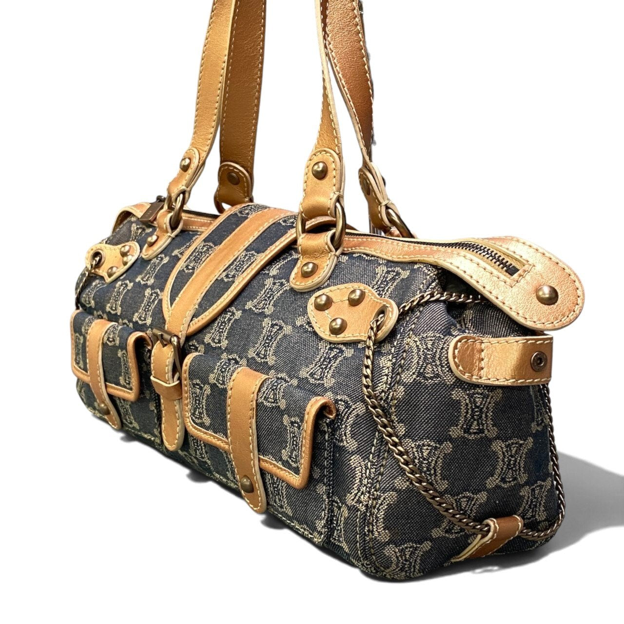 h29 CELINE 2005年 マカダム柄 ヴィンテージ デニムバッグ インディゴ オレンジベージュ レディース 女性用ta1
