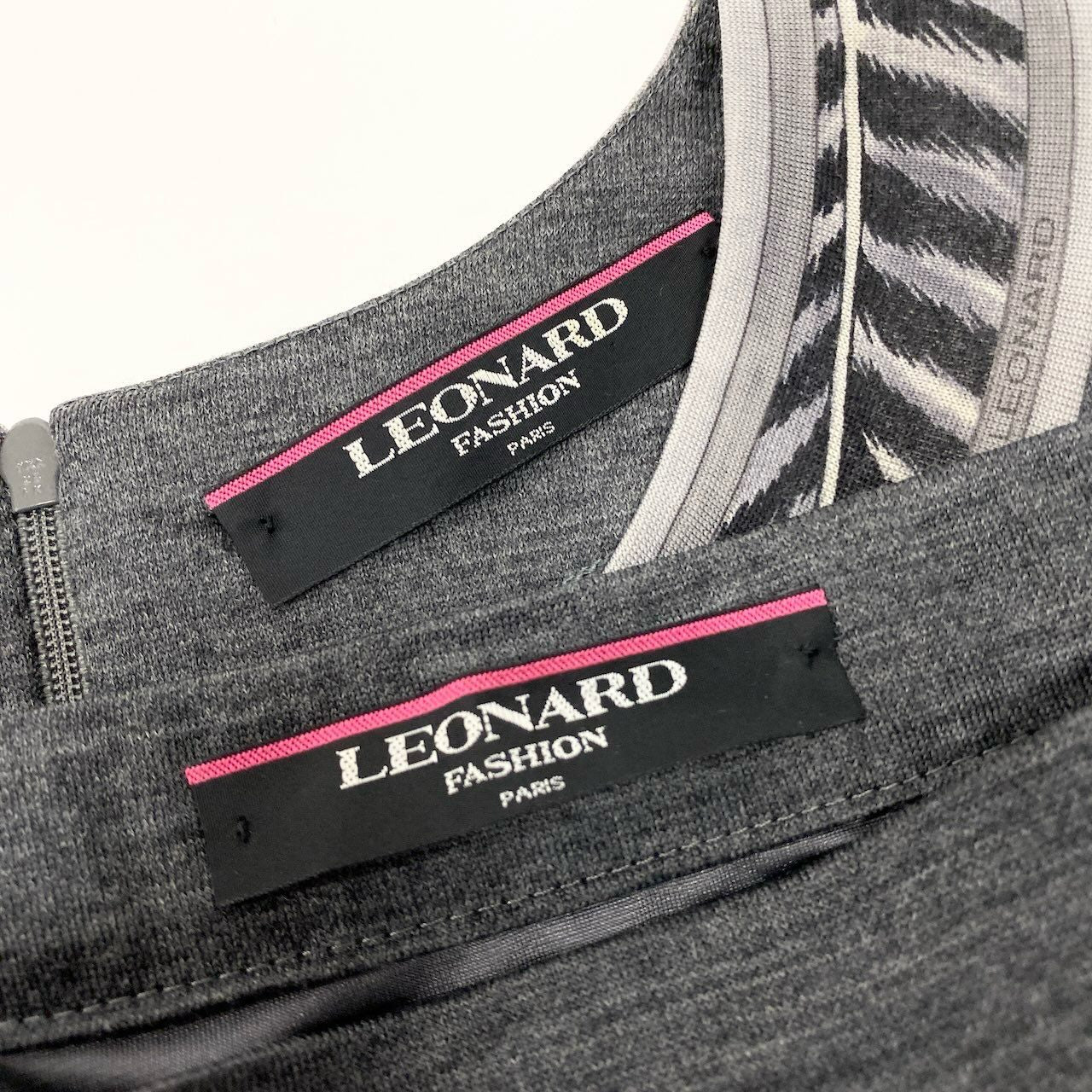 63d13 LEONARD FASHION レオナール スカートセットアップ ロングスリーブカットソー 膝丈スカート LL グレー ウール100％ レディース 女性用o07t