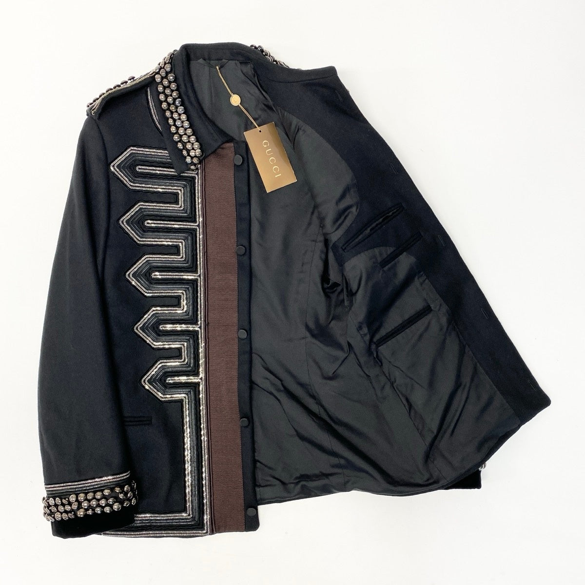81e27【デッドストック】GUCCI グッチ 2008AW ランウェイ着 スタッズ チェーン装飾 ナポレオンジャケット サイズ44 フリーダ ジャンニーニ期 フォールコレクション ミリタリー フサールジャケット Archive k02i