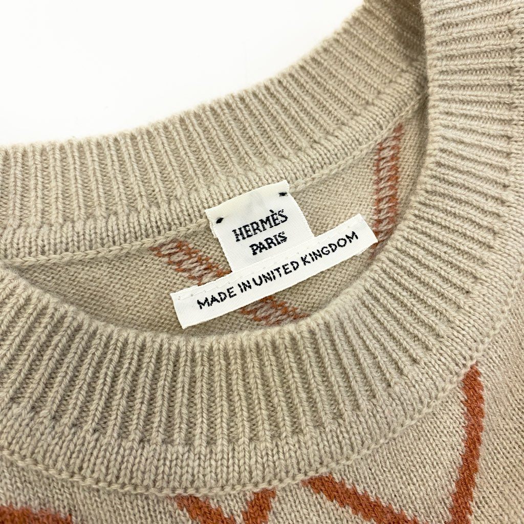 29a9 HERMES エルメス Hロンド カシミヤ ニットセーター クルーネック 総柄 長袖 レディース 女性用 2E2632DT 34 ベージュ カシミア100％o07t
