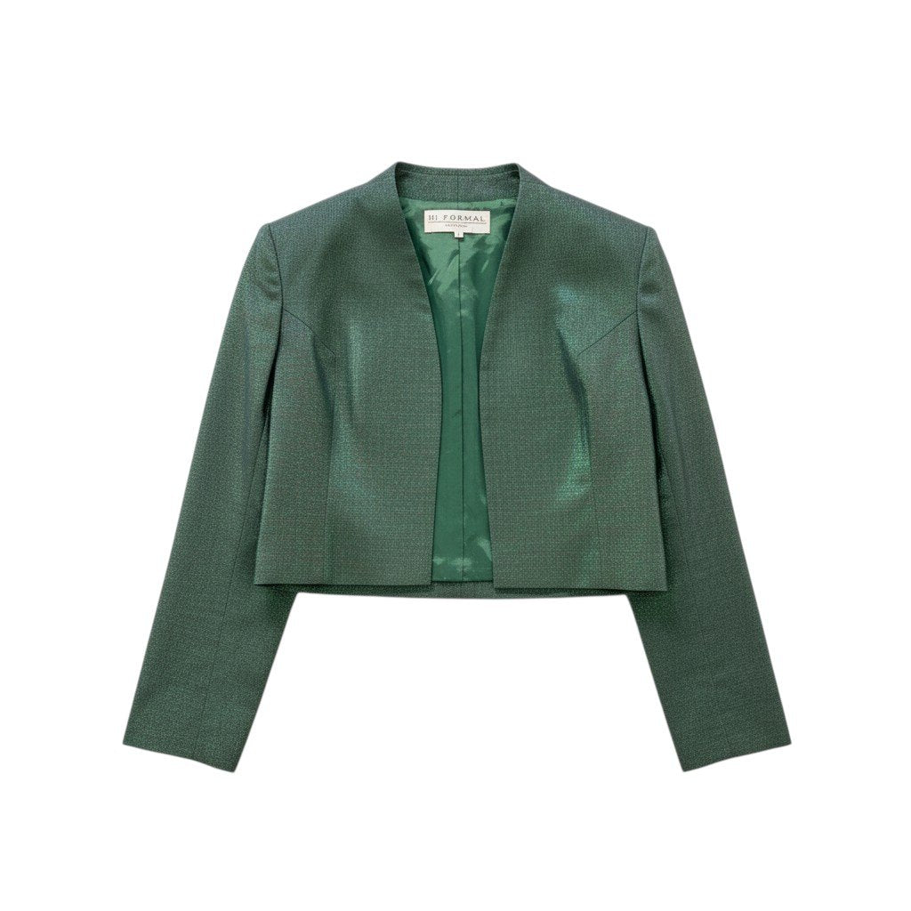 87c6 《美品》 GIVENCHY ジバンシー 光沢ラメ生地 クロップドジャケット ノーカラージャケット 10 グリーン レディースu02t