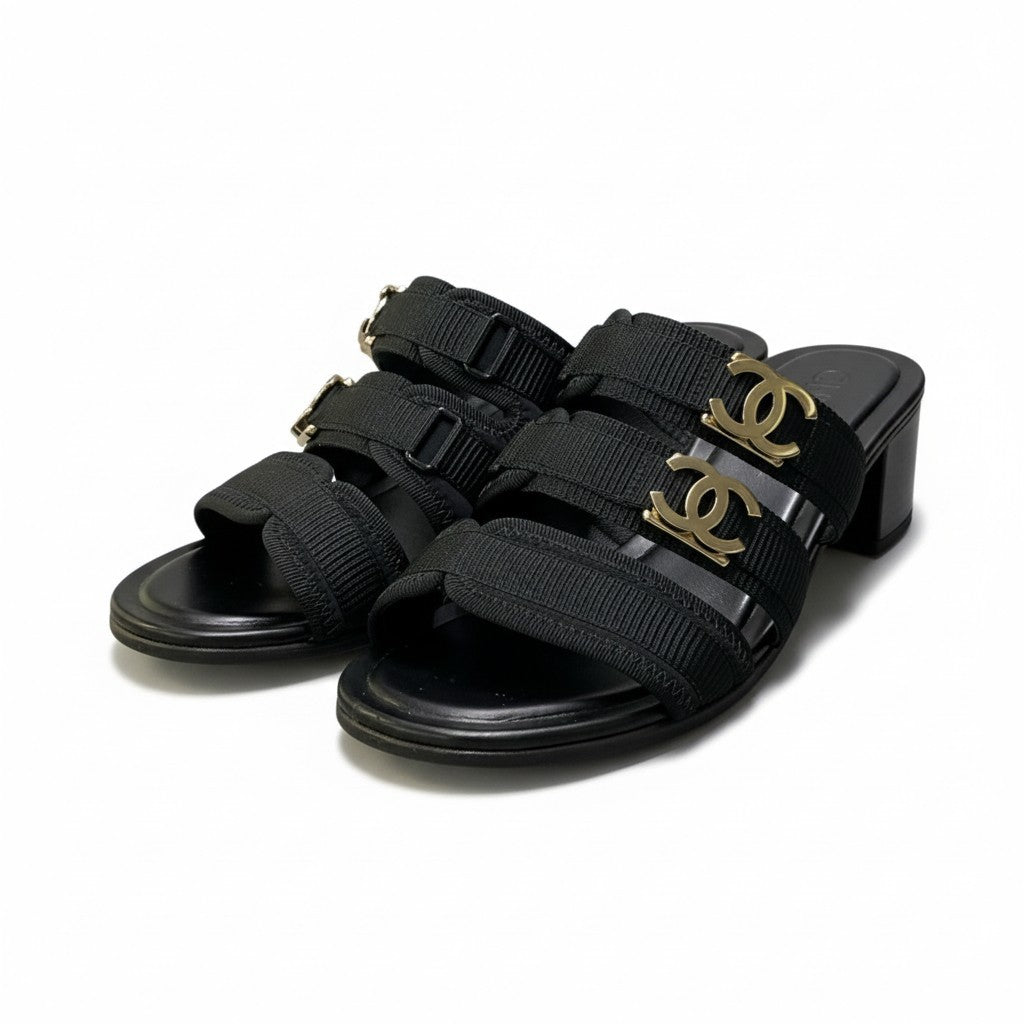 c4 CHANEL シャネル G39895 ココマーク チャンキーヒール サンダル サイズ37 1/2C ブラック レディース シューズ 靴ta1