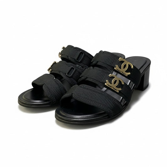 c4 CHANEL シャネル G39895 ココマーク チャンキーヒール サンダル サイズ37 1/2C ブラック レディース シューズ 靴ta1