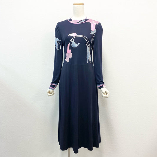 18j17 LEONARD レオナール ロングワンピース 長袖ワンピース 花柄 シルク 2サイズ ネイビー ピンク レディースu02t