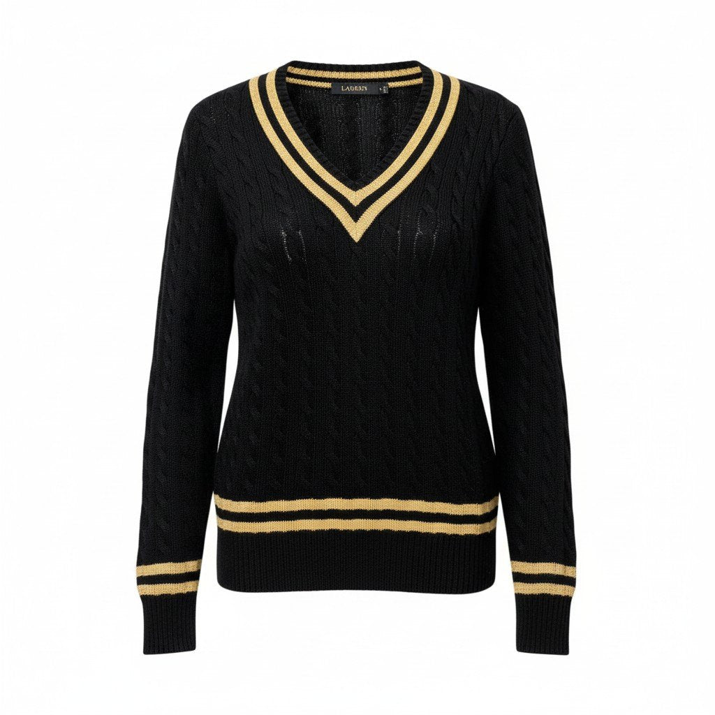 67c31 【美品】LAUREN RALPH LAUREN ローレンラルフローレン ケーブルニットセーター チルデンセーター トップス Mサイズ ブラック ゴールド レディース 女性用u02t