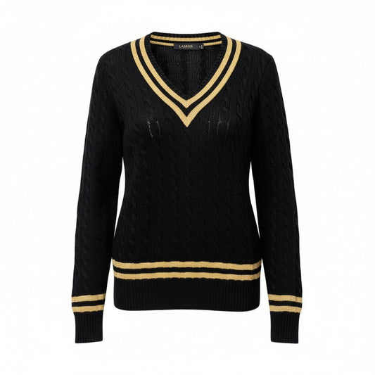 67c31 【美品】LAUREN RALPH LAUREN ローレンラルフローレン ケーブルニットセーター チルデンセーター トップス Mサイズ ブラック ゴールド レディース 女性用u02t