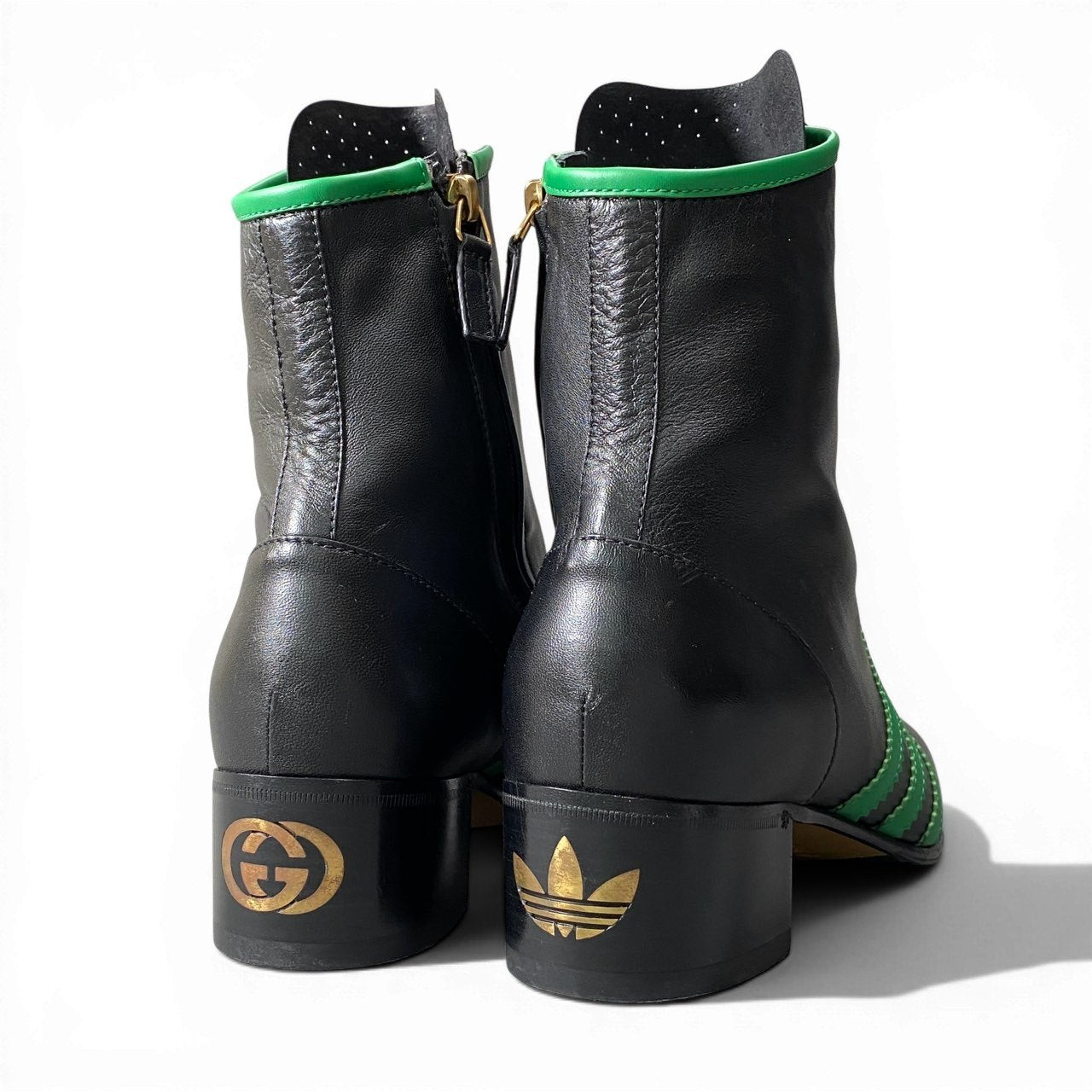 d9 GUCCI × Adidas グッチ アディダス ボーリングシューズ レザーブーツ サイドジップ トレフォイルロゴ サイズ6 1/2 ブラック レディースk02i