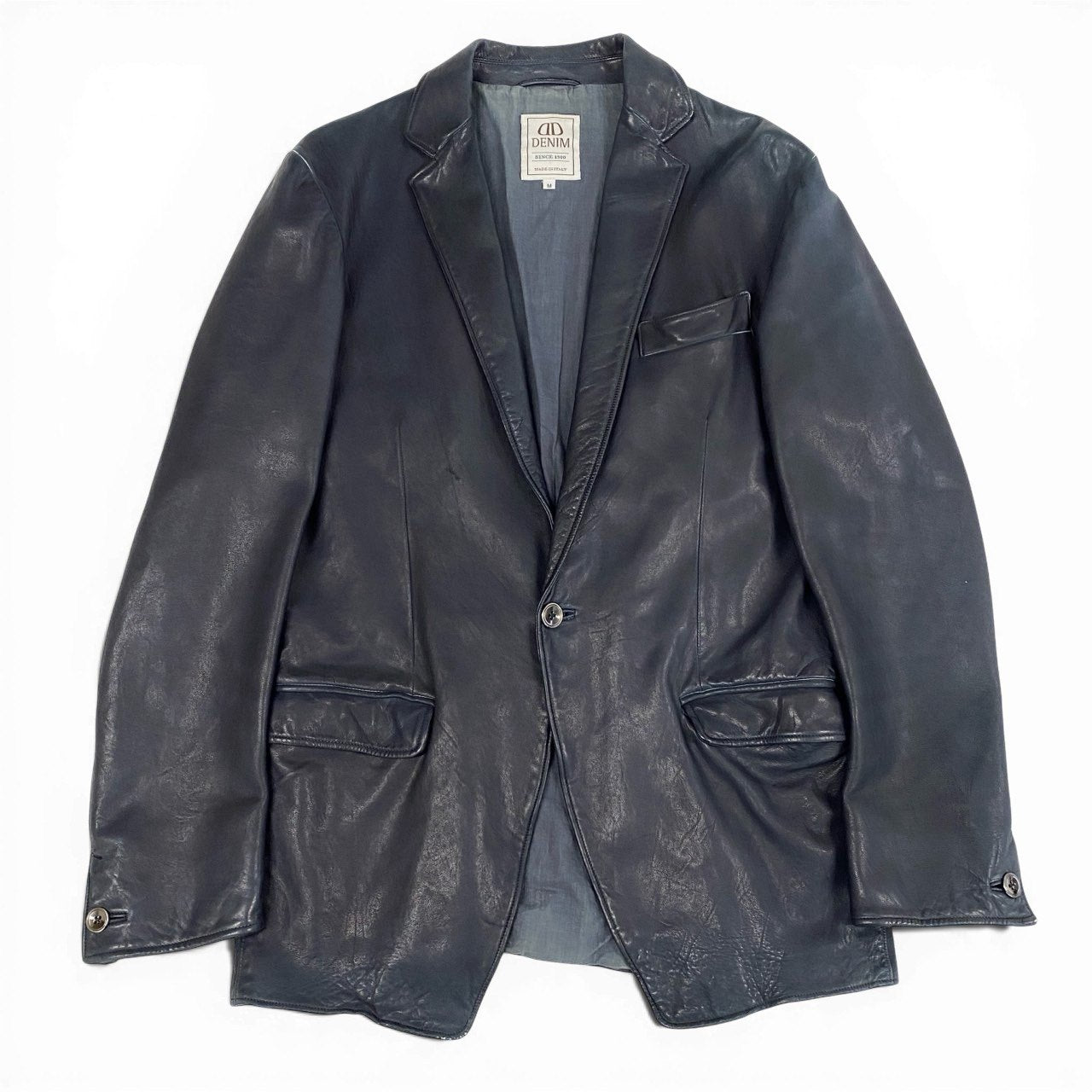 70a15 DENIM TOMORROWLAND デニム トゥモローランド 別注 ラムレザー テーラードジャケット M ネイビー 羊革 シープスキン イタリア製t18r