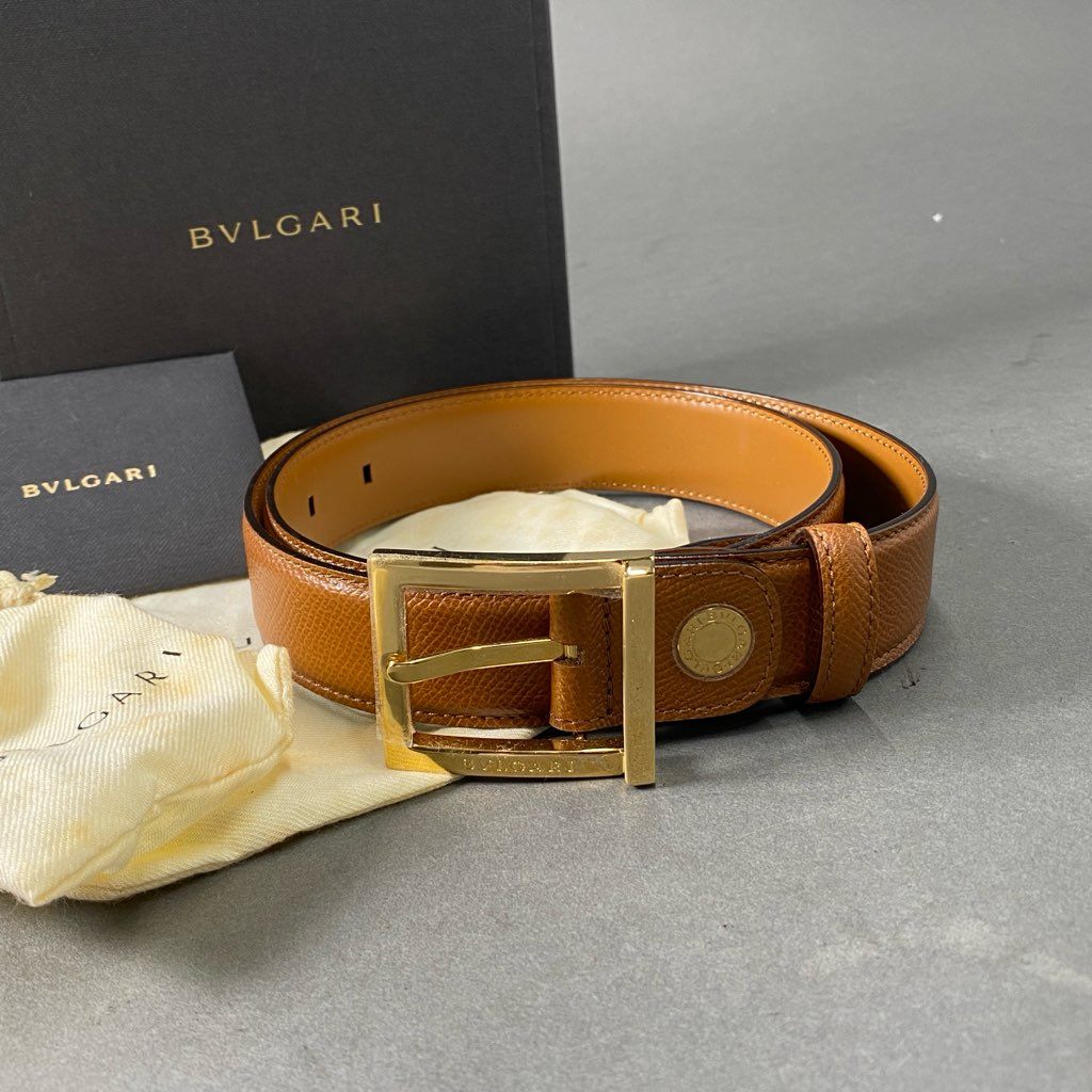 d2 《極美品》 BVLGARI ブルガリ レザーベルト Leather Belt ブラウン ゴールド スクエアバックル 小物