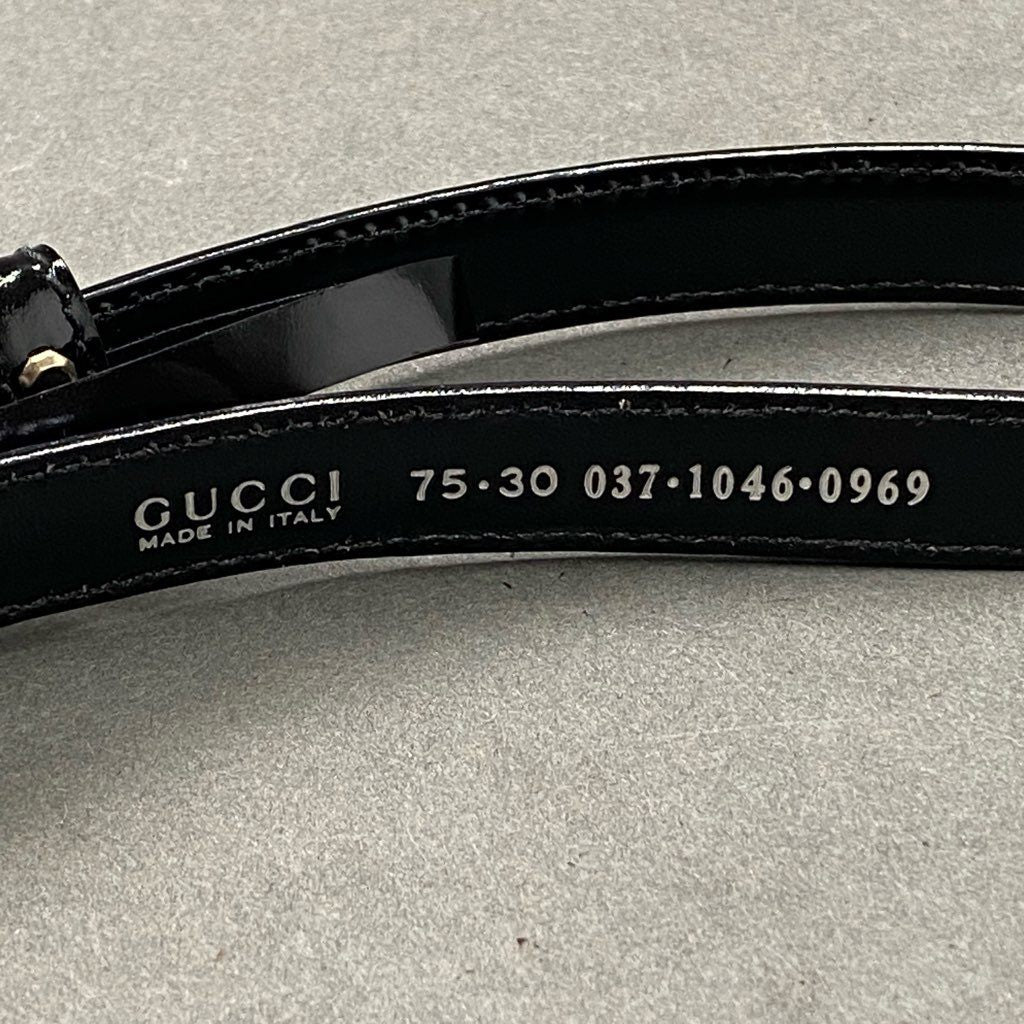 d2-3 GUCCI グッチ メタルGバックル レザー細ベルト 30/75 ブラック イタリア製 小物