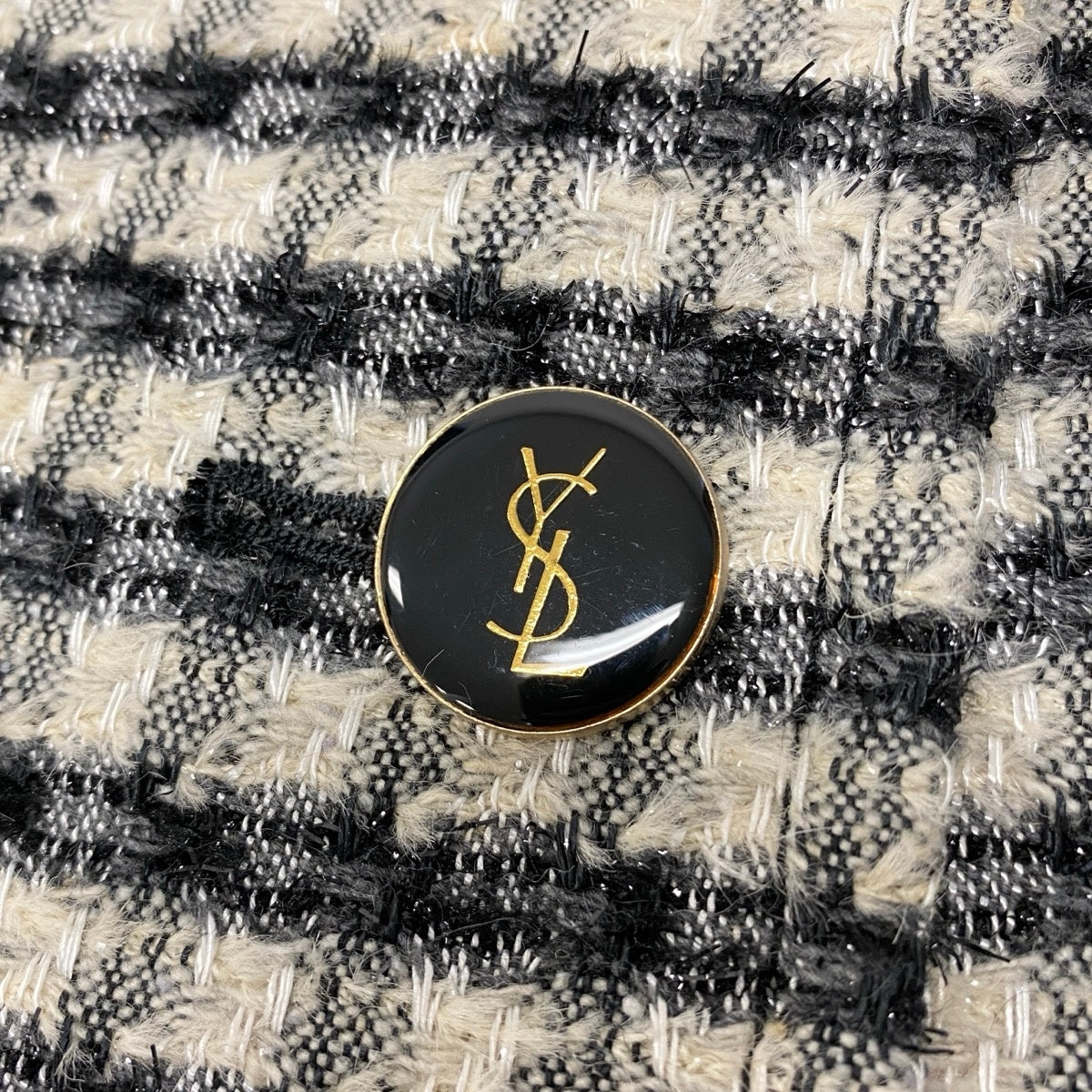 29g14 YVES SAINT LAURENT イヴサンローラン セットアップスカート ツイードジャケット YSLロゴボタン サイズ40 ブラック アイボリー レディース 女性用o07t
