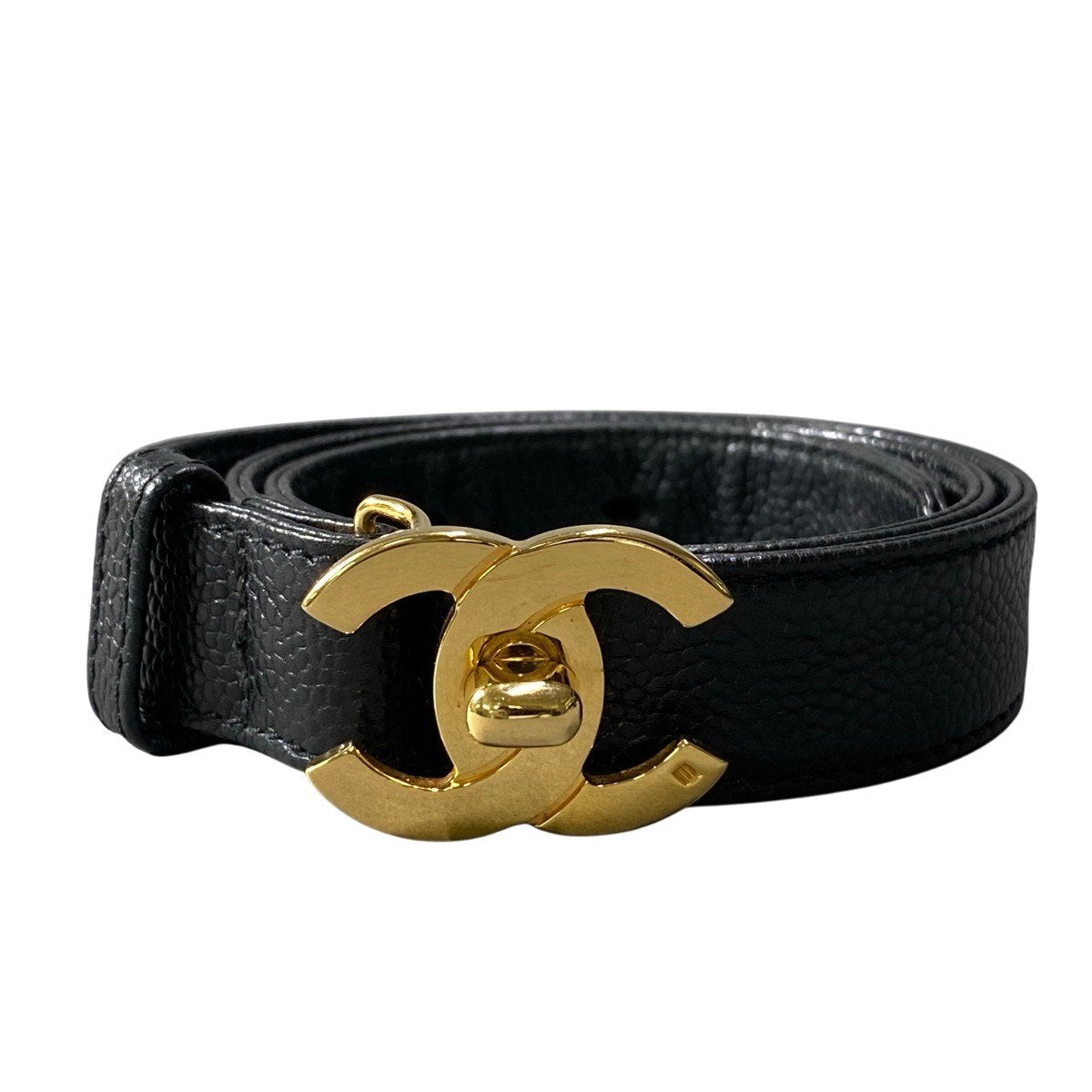 g31 CHANEL ターンロック キャビアスキン ハイウエストベルト 25/65サイズ ブラック ゴールド レザー レディース 女性用k02i