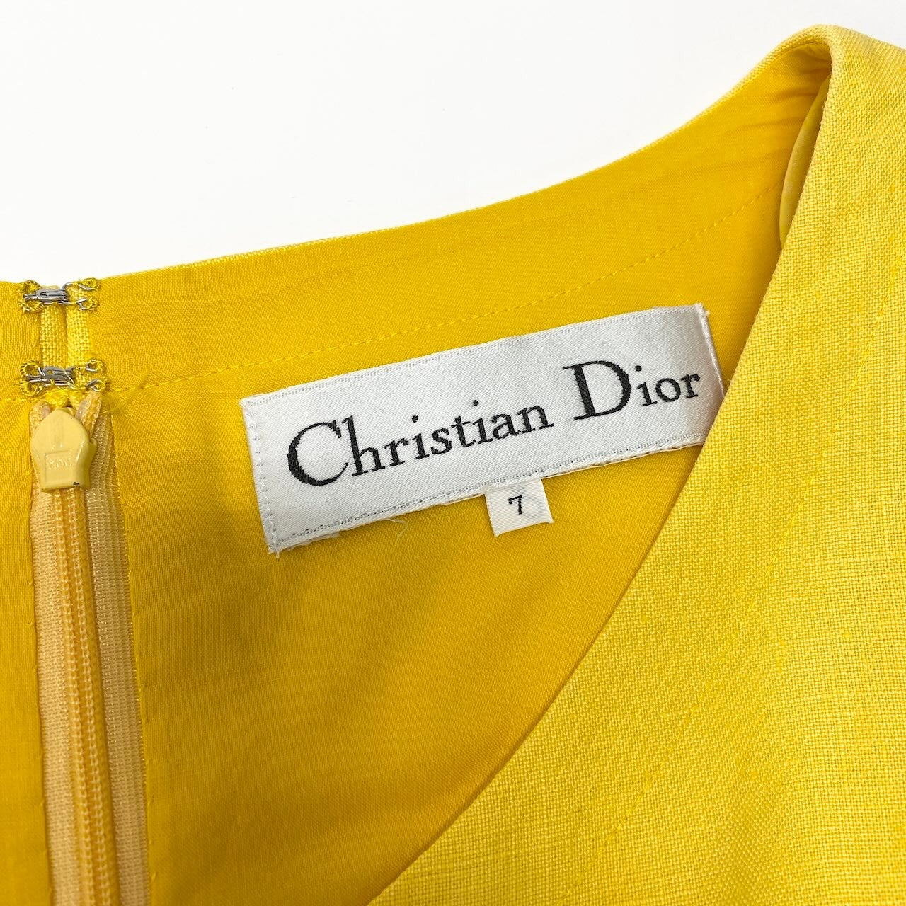 10d2 Christian Dior クリスチャンディオール リネンワンピース 半袖ワンピース Vネック 膝丈 7サイズ イエロー リネン100％ レディース 女性用o07t