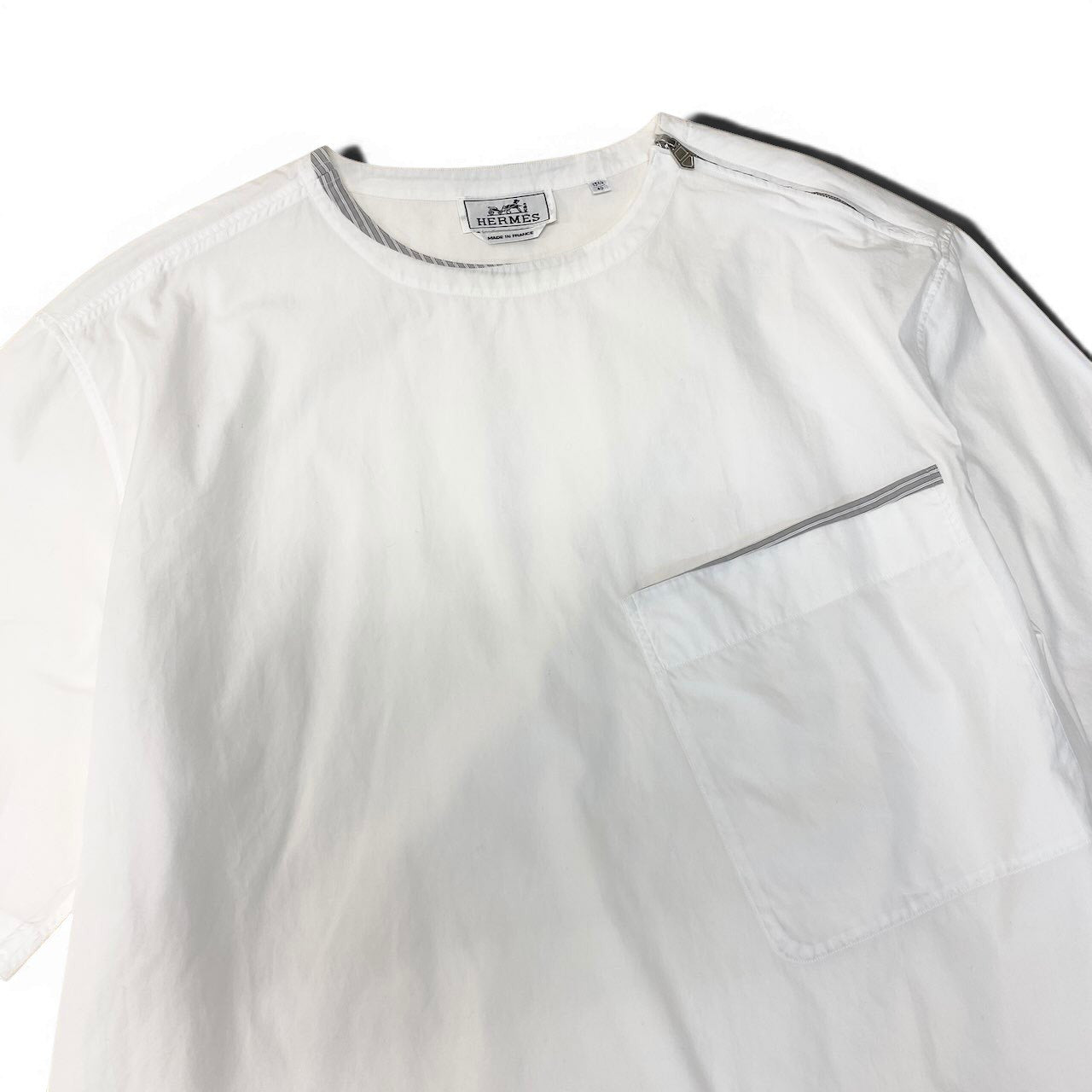91g24 HERMES エルメス 半袖シャツブラウス コットンカットソー フランス製 15 3/4 40 サイズ ホワイト コットン100％ メンズ 男性用u02t