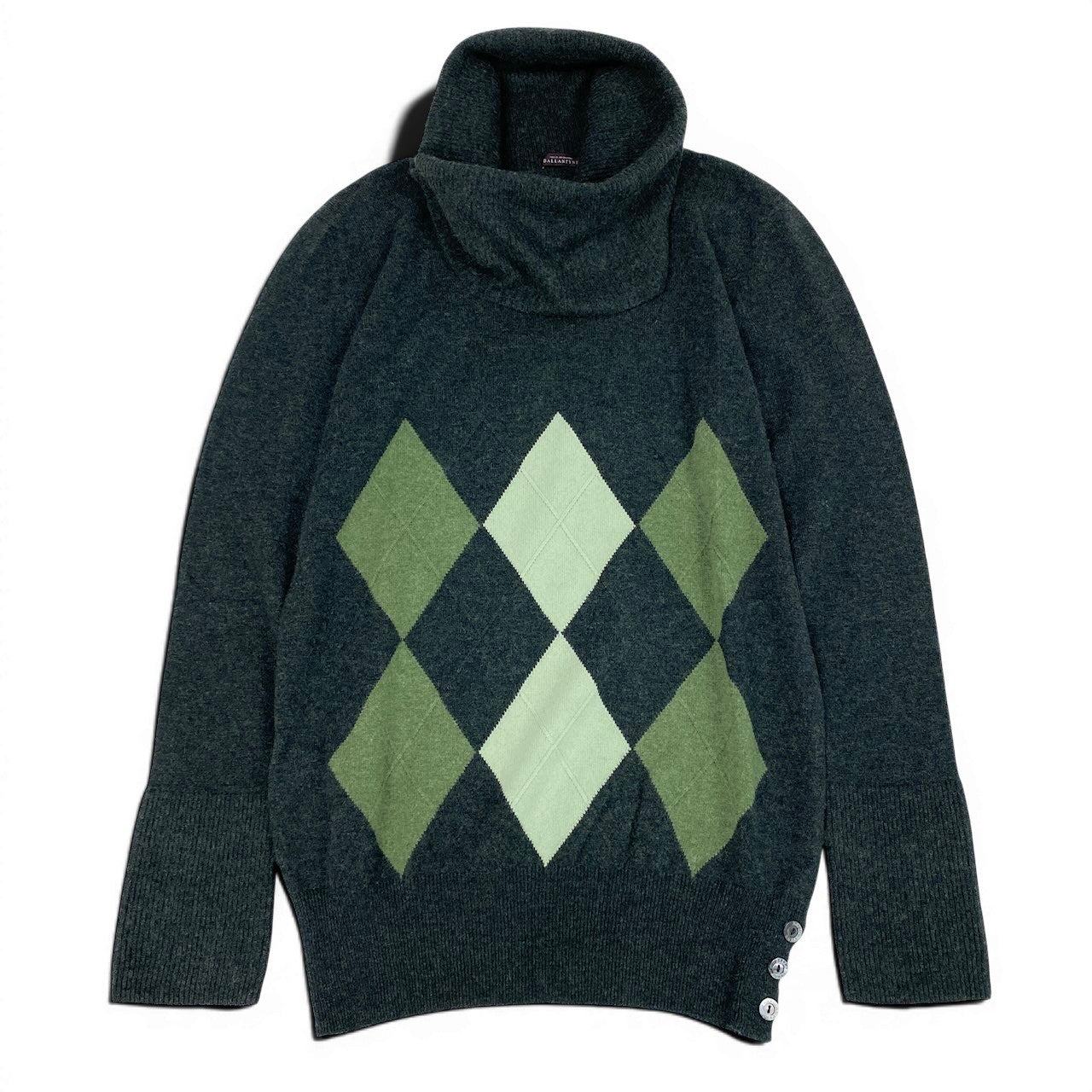 41e14 【美品】BALLANTYNE バランタイン ロングスリーブカシミヤニットセーター ハイネックセーター アーガイル柄 44サイズ グリーン カシミヤ100％ メンズ 男性用u02t