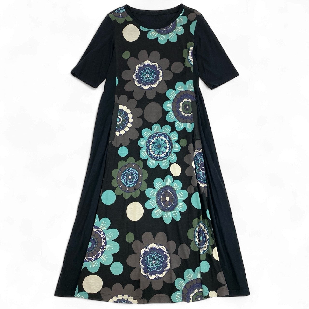 64k19 TOKUKO 1er VOL トクコプルミエヴォル 五分袖 ロングワンピース コットンワンピース 花柄プリント ウエストリボン○ レディース 女性用 9 ブラック 綿100％u02t