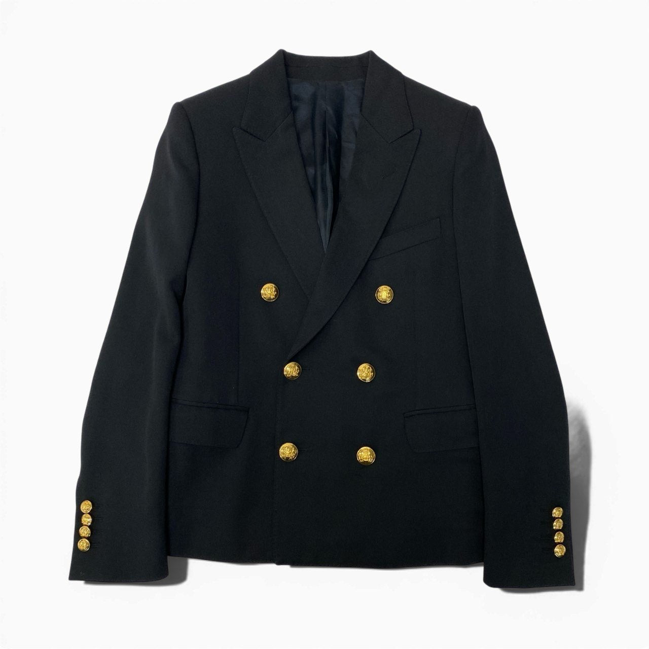 83c4 CELINE セリーヌ 2D SHORT JACKET IN DIAGONAL WOOL ダブルテーラードジャケット 金ボタン 2V687092D 34サイズ ブラック ウール100％ メンズ 男性用o07t