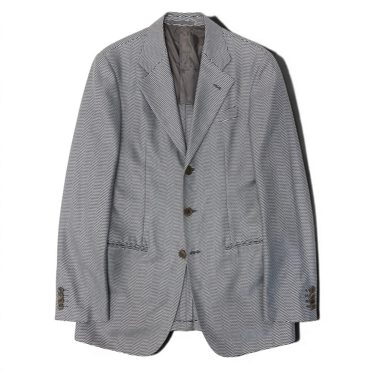 91g24 ARMANI COLLEZIONI アルマーニコレツィオーネ テーラードジャケット ロングジャケット 総柄 サイズ46 ライトグレー ブラック メンズ 紳士服u02t