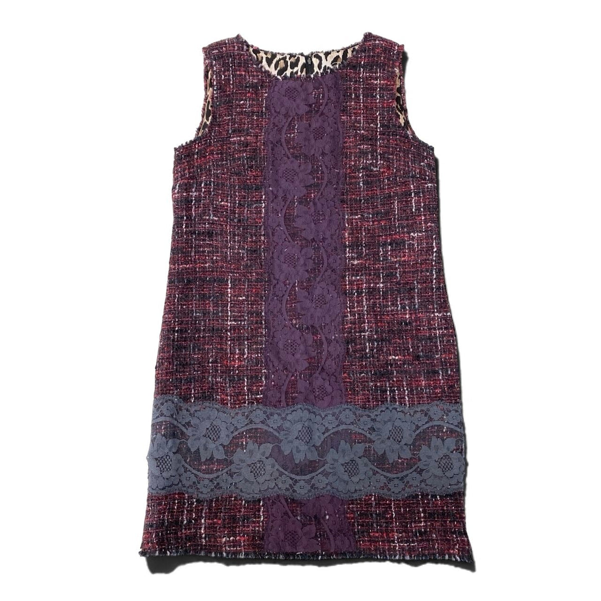 2i28 【美品】DOLCE&GABBANA ドルチェアンドガッパーナ ツイードノースリーブワンピース レース装飾 イタリア製 40サイズ マルチカラー レディース 女性用u02t