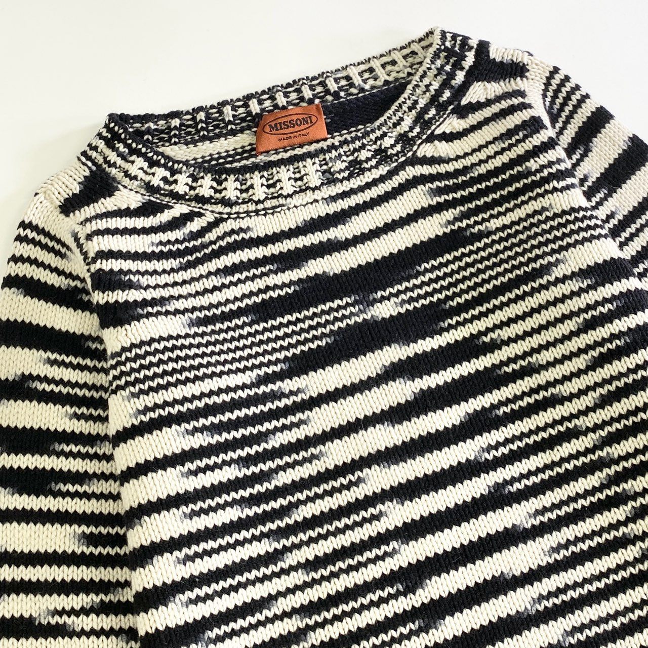 82j11 《美品》 MISSONI ミッソーニ カシミヤ100％ モザイクボーダー ニットトップ セーター 40 ホワイト ブラック CASHMERE イタリア製