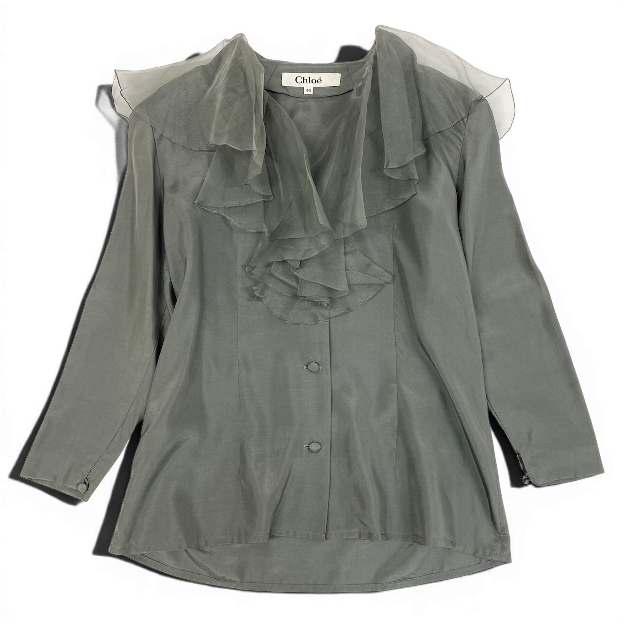 40d16 Chloe クロエ シアーフリル 長袖シャツ シルクブラウス トップス 40 グレー シルクu02t