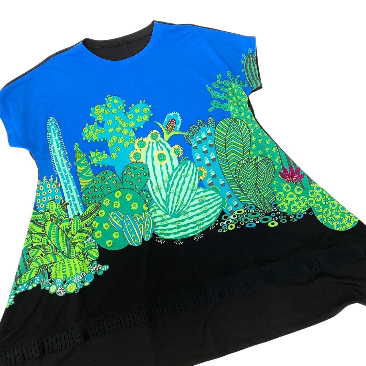 15c5 【美品】 TOKUKO 1er VOL トクコプルミエヴォル フレンチスリーブワンピース 半袖 サボテン柄 バイカラー Aライン レディース 女性服 サイズ9 ブラック ブルーu02t