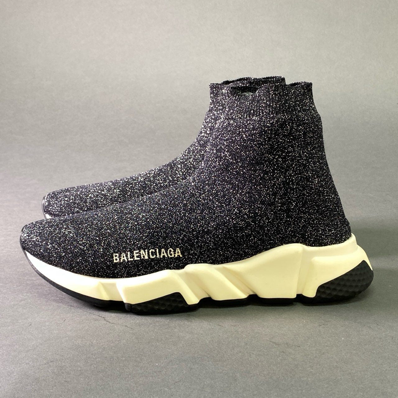 3l20 BALENCIAGA バレンシアガ SPEED TRAINER スピードトレーナー 25cm ブラック シルバー ラメ ソックススニーカー シューズ イタリア製