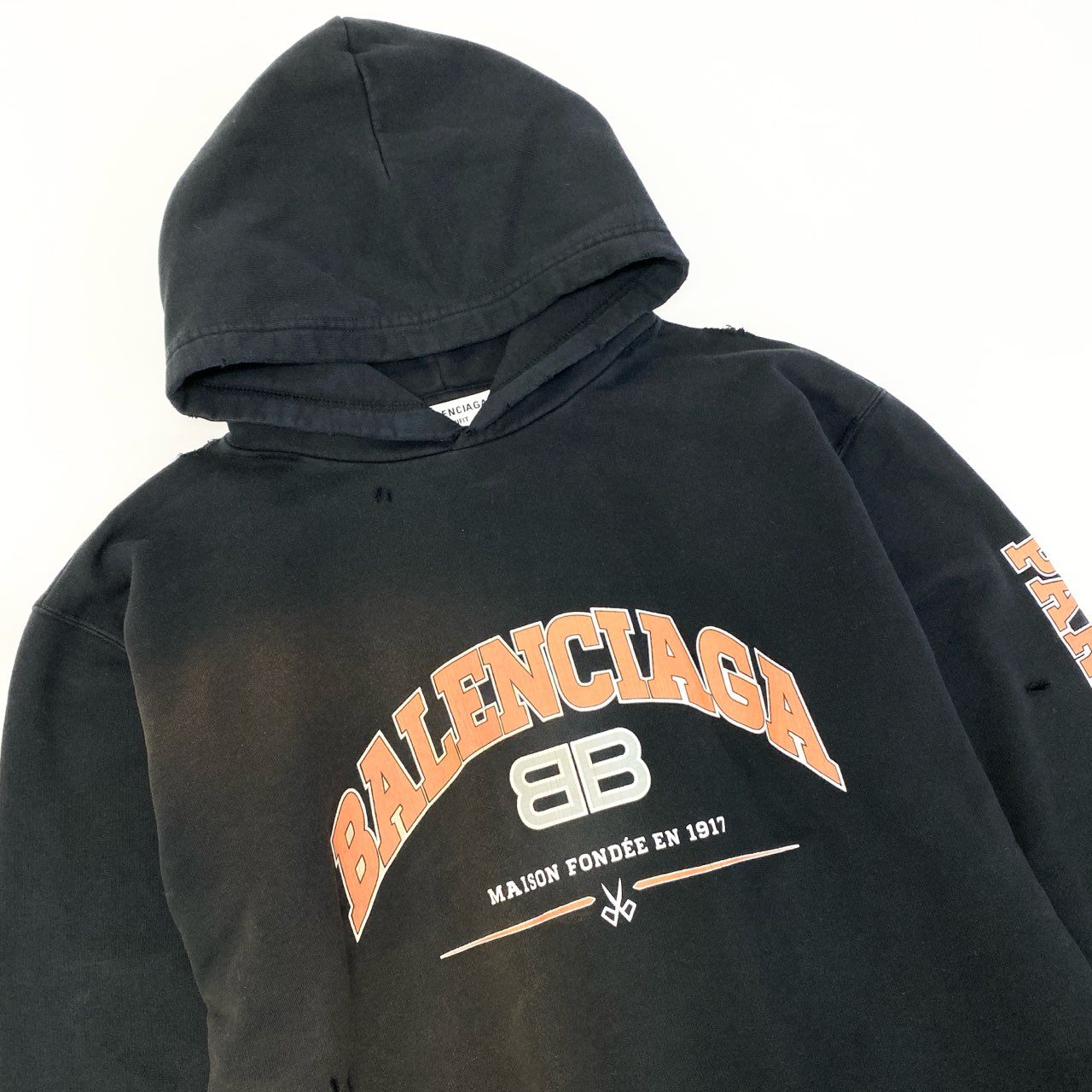 75c4 BALENCIAGA バレンシアガ プルオーバーフーディー パーカー BBロゴ スウェット ダメージ加工 Sサイズ ブラック コットン100％ ユニセックス メンズ レディースo07t