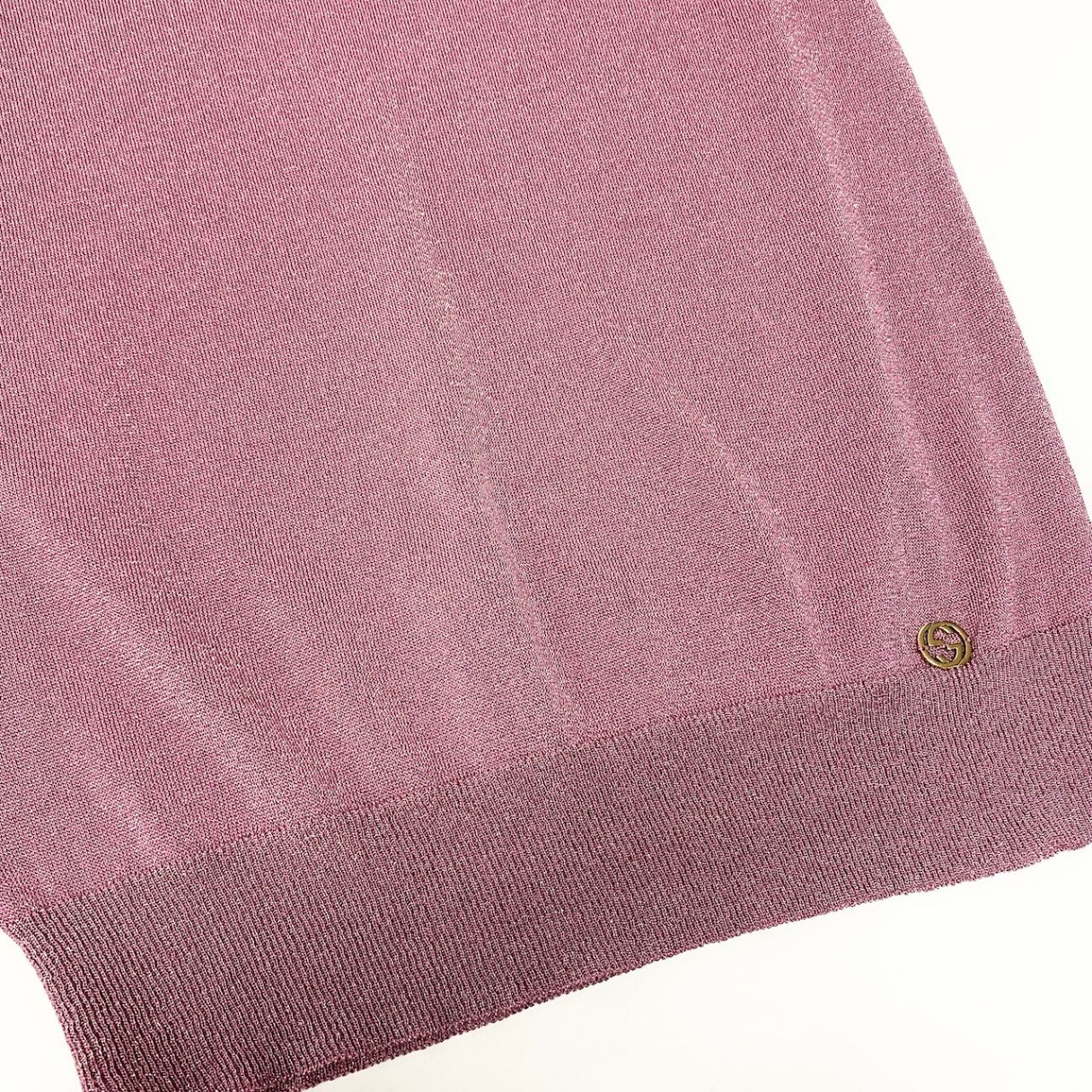 e10 GUCCI 半袖ニットセーター ラメニット GGロゴプレート インターロッキング イタリア製 XSサイズ ピンク レディース 女性用u02t