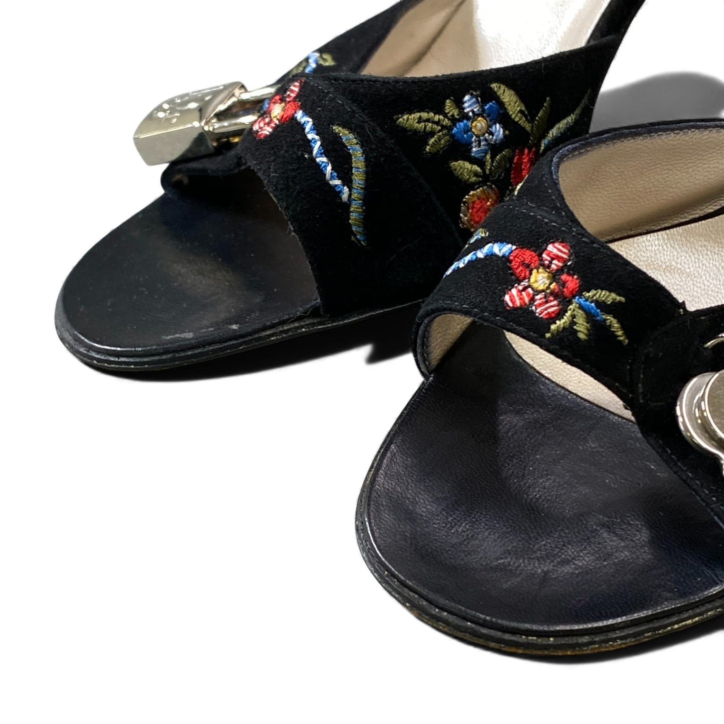 1L11 Christian Dior クリスチャンディオール 刺繍 キーチャーム付き サンダル サイズ37 1/2 ブラック スウェード レディース 女性用 靴k02i