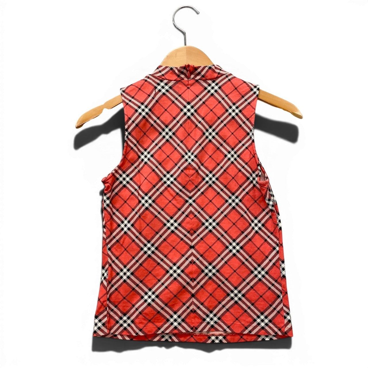 14g5 BURBERRY LONDON バーバリーロンドン ホース刺繍 チェック柄 ノースリーブ カットソー Mサイズ レッド コットン レディースo07t