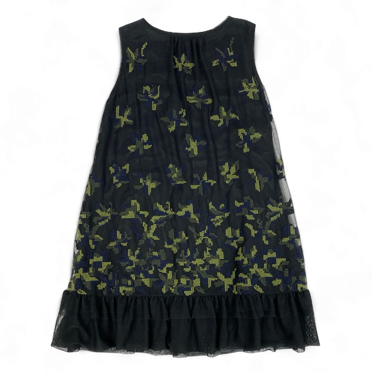 64k19《美品》 TOKUKO 1er VOL トクコプルミエヴォル ノースリーブワンピース 総柄刺繍 レイヤード風 重ねメッシュ 裾フリル○ レディース 9 ブラックu02t