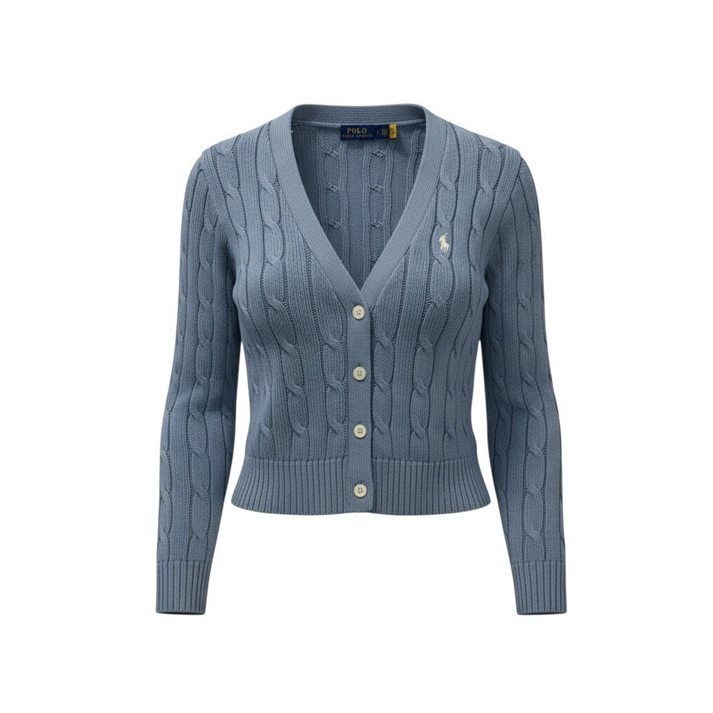 60b10 POLO RALPH LAUREN ポロラルフローレン ケーブルカーディガン ニットセーター トップス 胸元ロゴ刺繍 Sサイズ ブルー コットン100％ レディース 女性用u02t