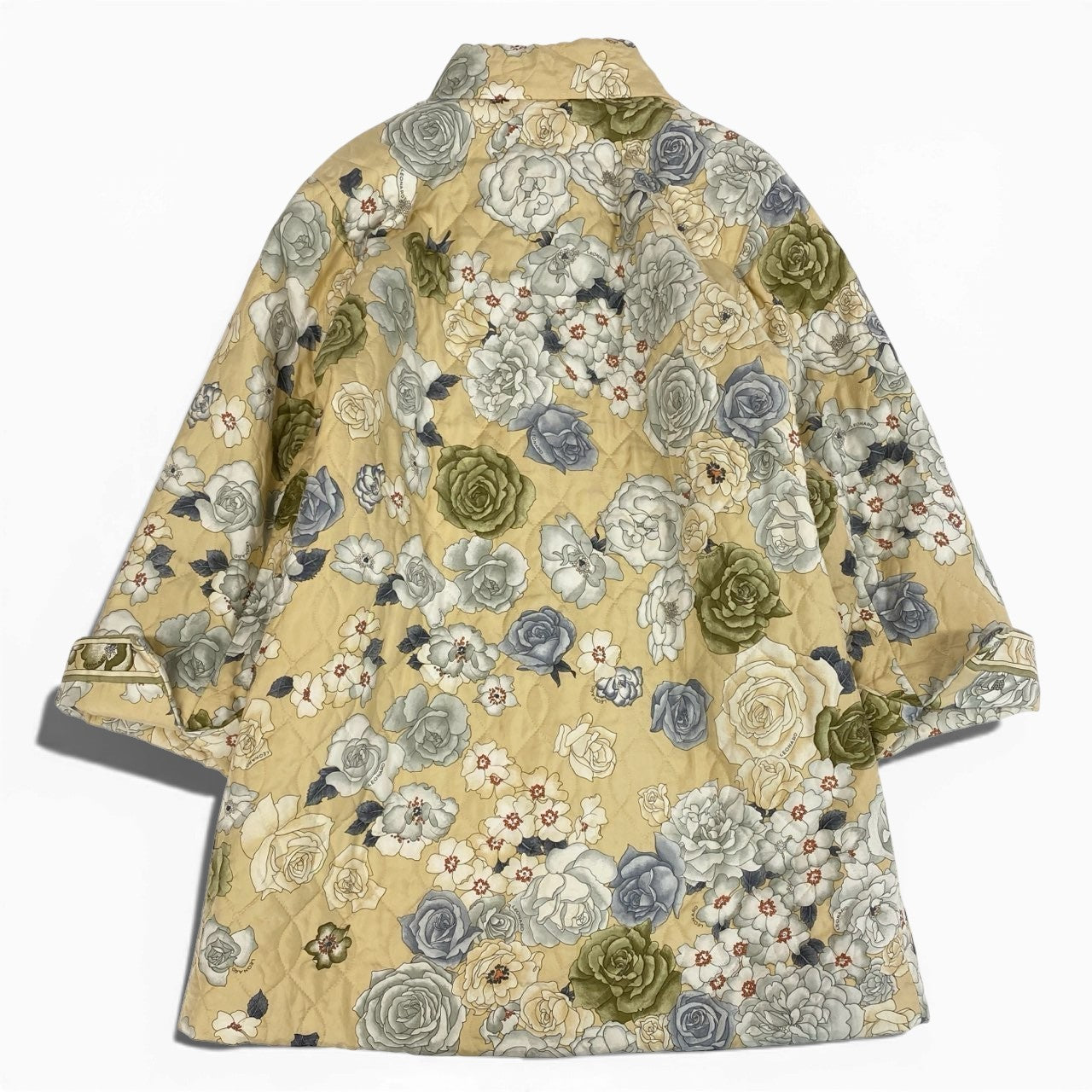 53a19 LEONARD FASHION レオナール キルティングコート ロングジャケットコート 中綿 美しい花柄プリント 金ボタン シルク100％ レディース 女性用 9AR ベージュ系u02t